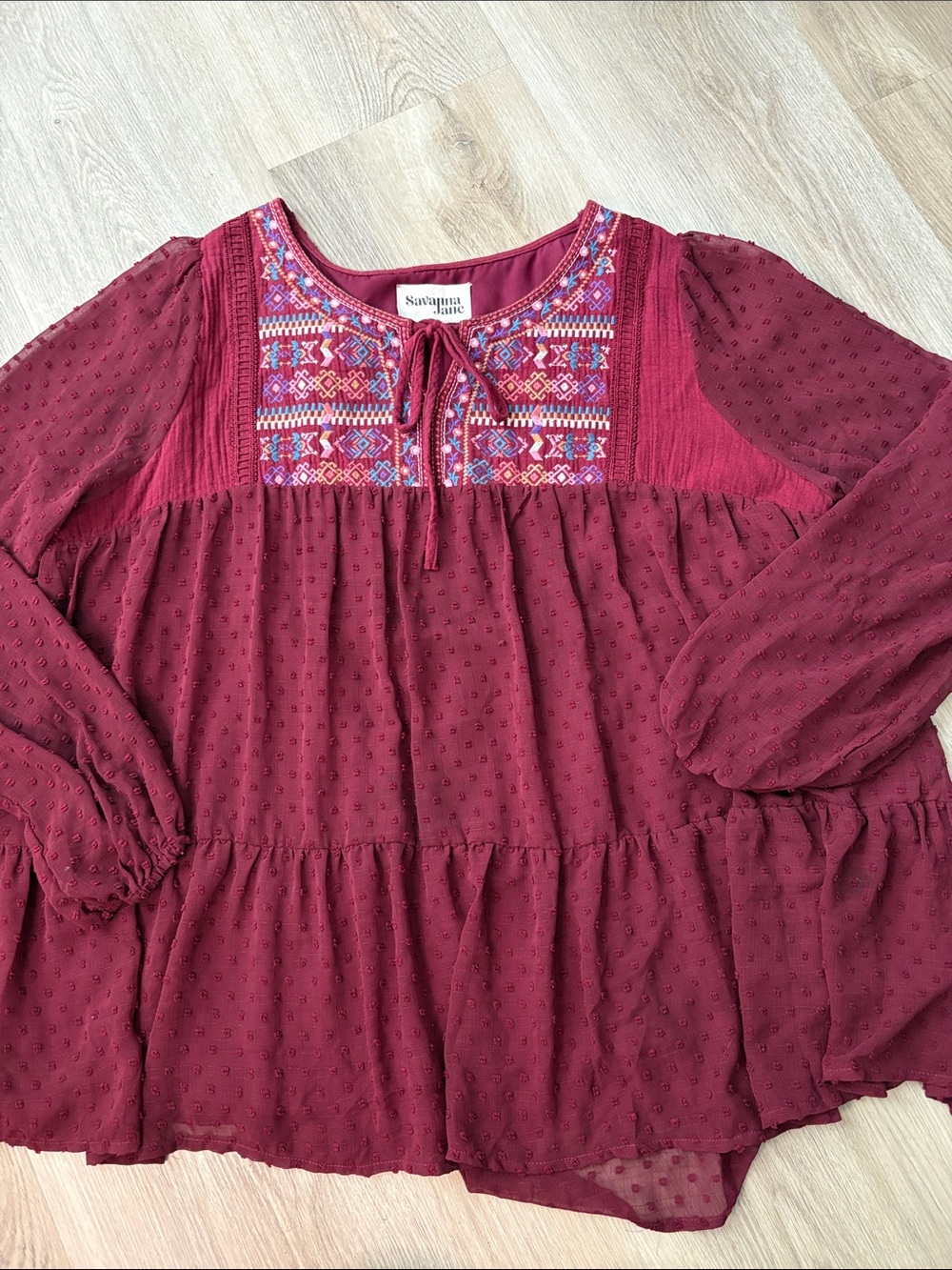 Savanna Jane Maroon Embroidered Swiss Dot Babydoll Blouse size 1X boho peasant